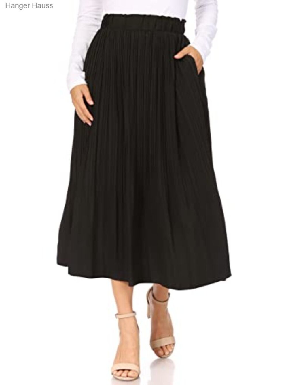 Pleated Midi Skirt High Waisted Elastic Waist Pockets A-Line